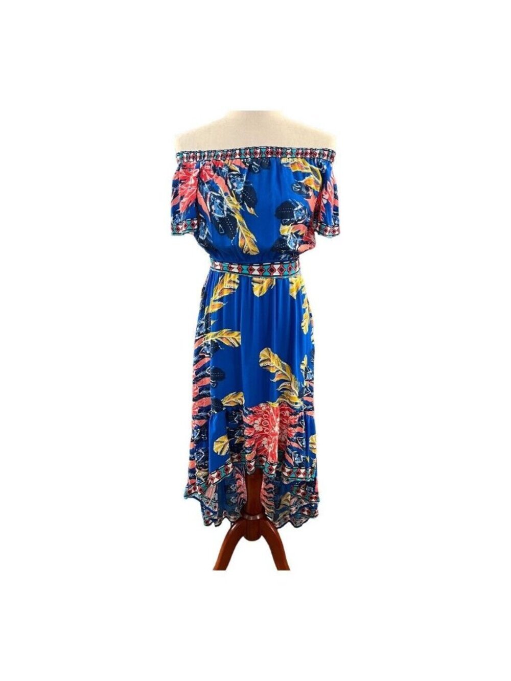Flying Tomato Off Shoulder Dress~Size X-Small~Blue Floral Hi-Lo Tropical L10 36